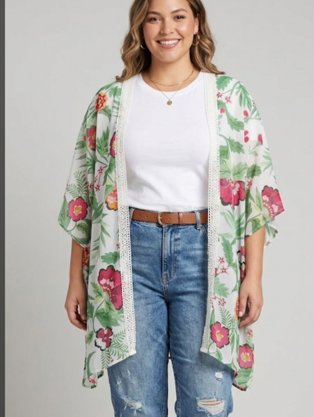 NY Collection Floral Green & Pink Kimono Cover-Up Women's Size 2X